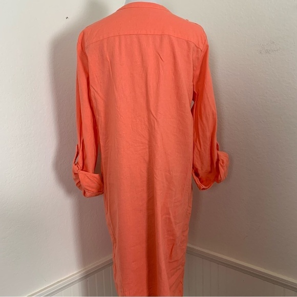 Calvin Klein Linen Blend Shirt Dress Women’s 10 Coral Roll Tab Sleeves Buttons - Picture 12 of 16